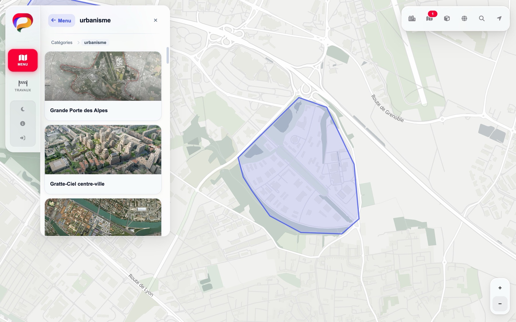 La carte de la Métropole de Lyon ouverte sur la catégorie urbanisme : les projets en cartes illustrées à gauche, l'emprise de l'un d'eux tracée sur la carte.