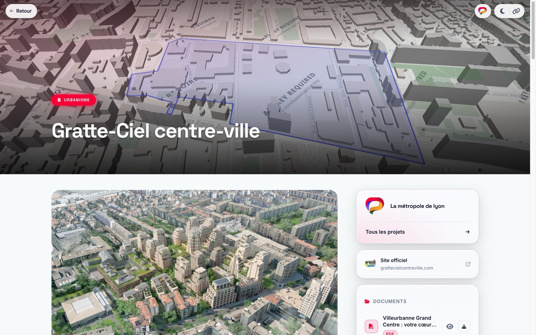 La fiche d'un projet : sa photo, son titre, sa description, et la carte de sa localisation en fond.