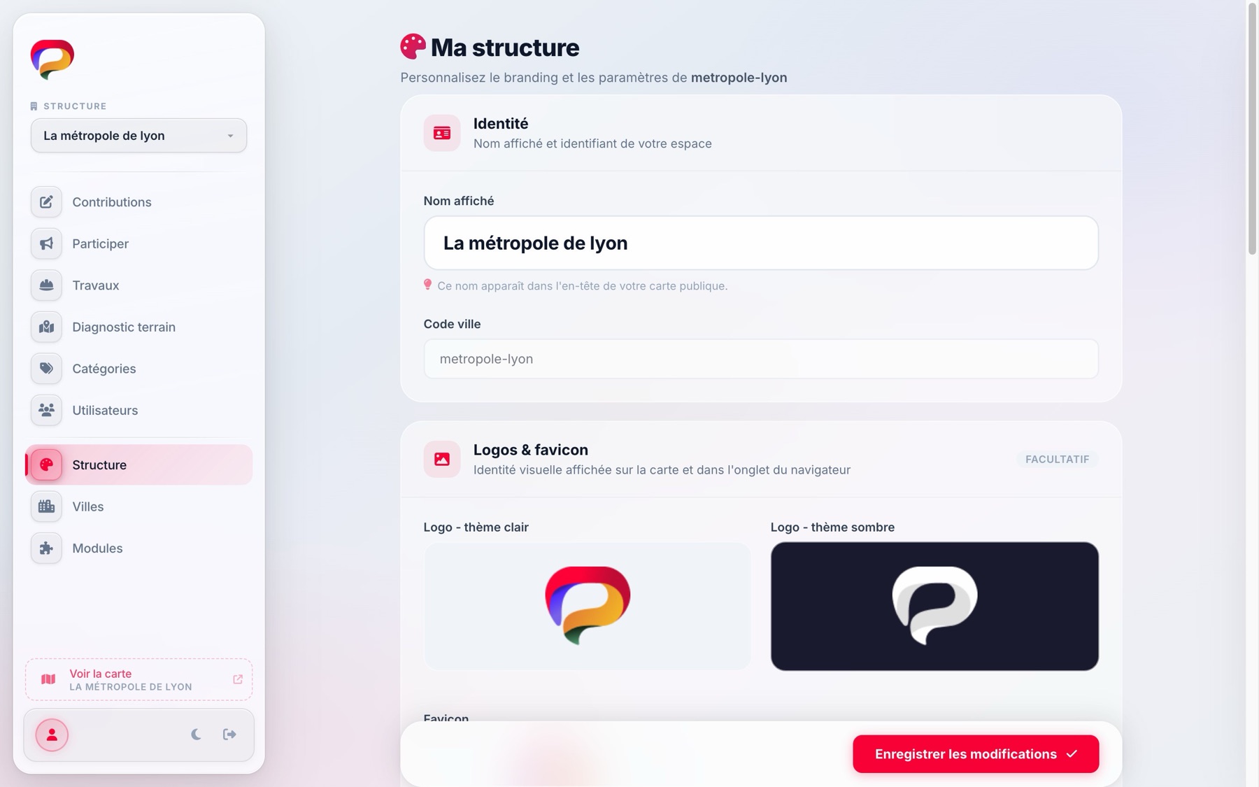 L'écran d'identité de l'espace : le nom affiché, le code de la ville, et les deux logos clair et sombre.