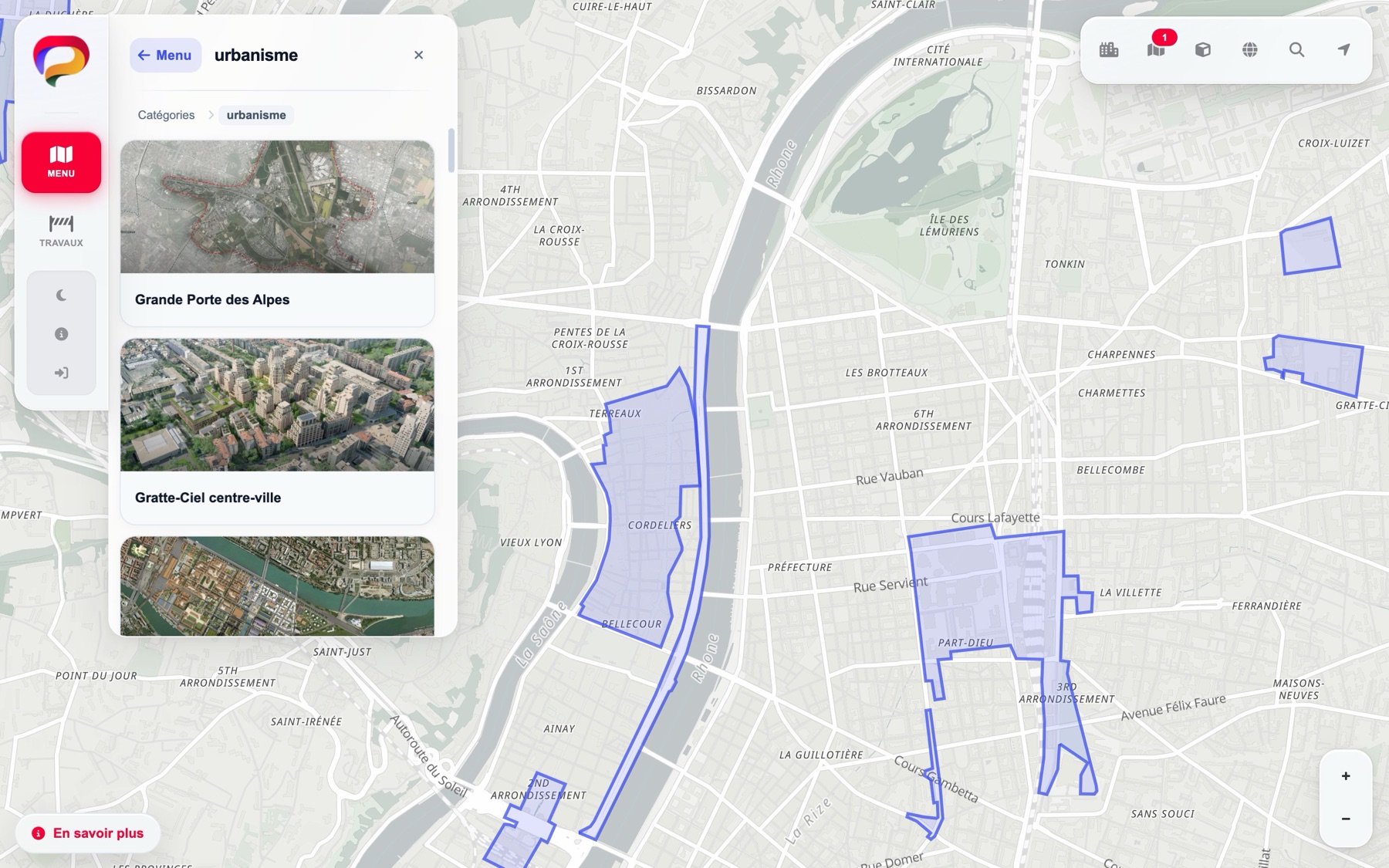 La carte ouverte sur la catégorie urbanisme : les projets en cartes illustrées à gauche, l'emprise de l'un d'eux tracée sur le plan.
