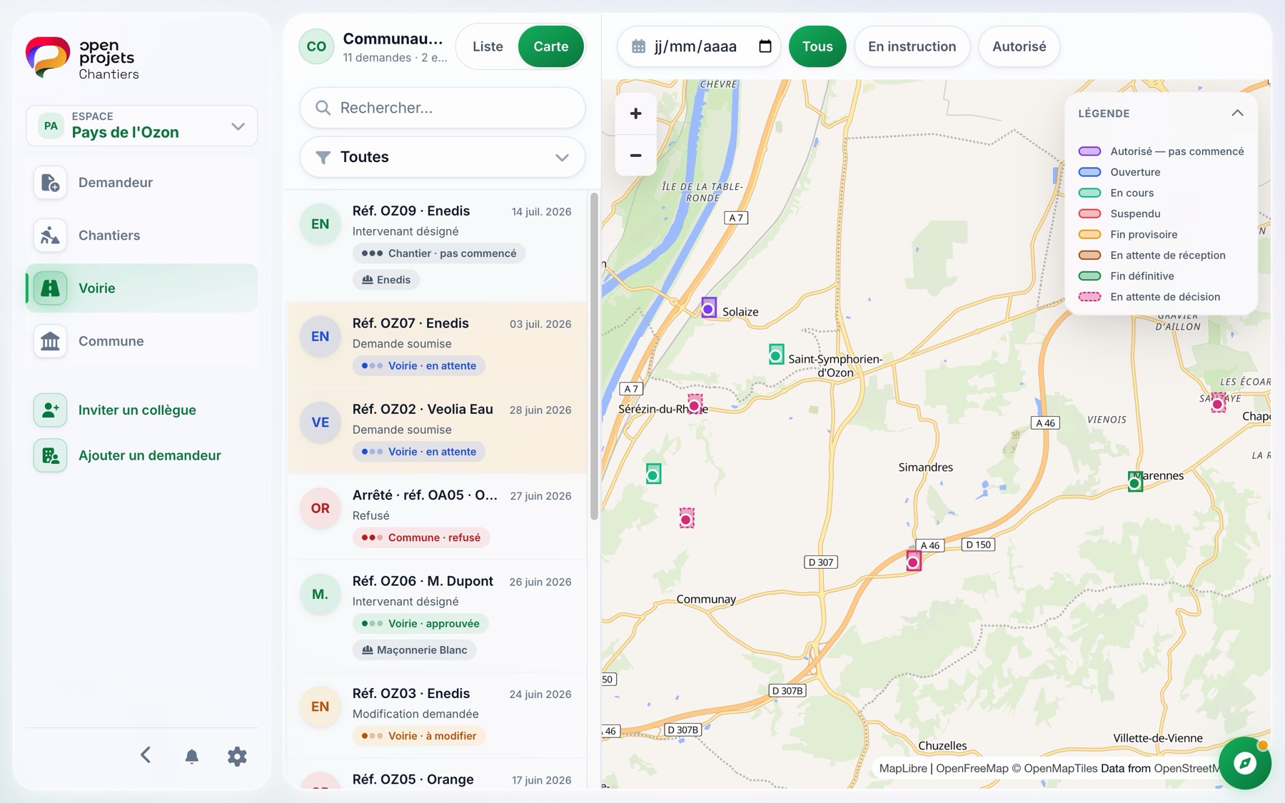 La carte des chantiers du territoire, avec la légende de leurs états.