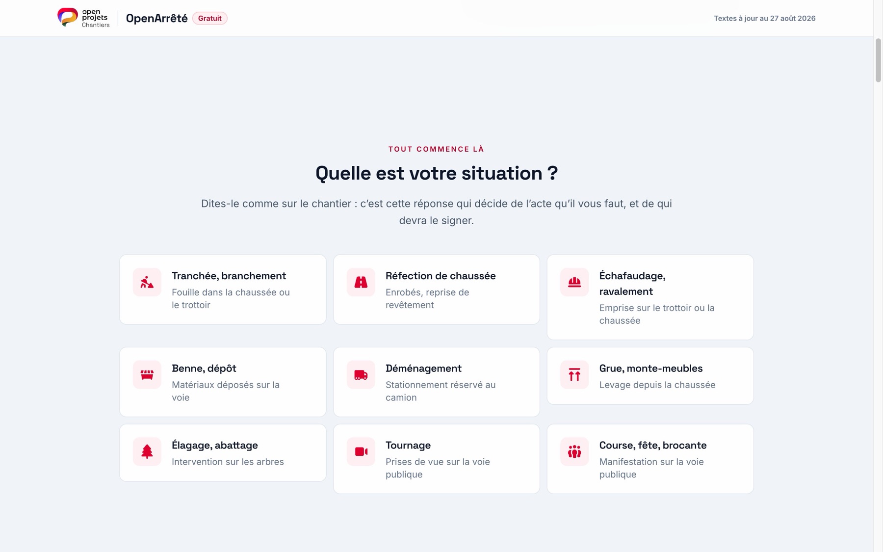 Le générateur d'arrêtés : le choix de la situation, de la tranchée à la manifestation.