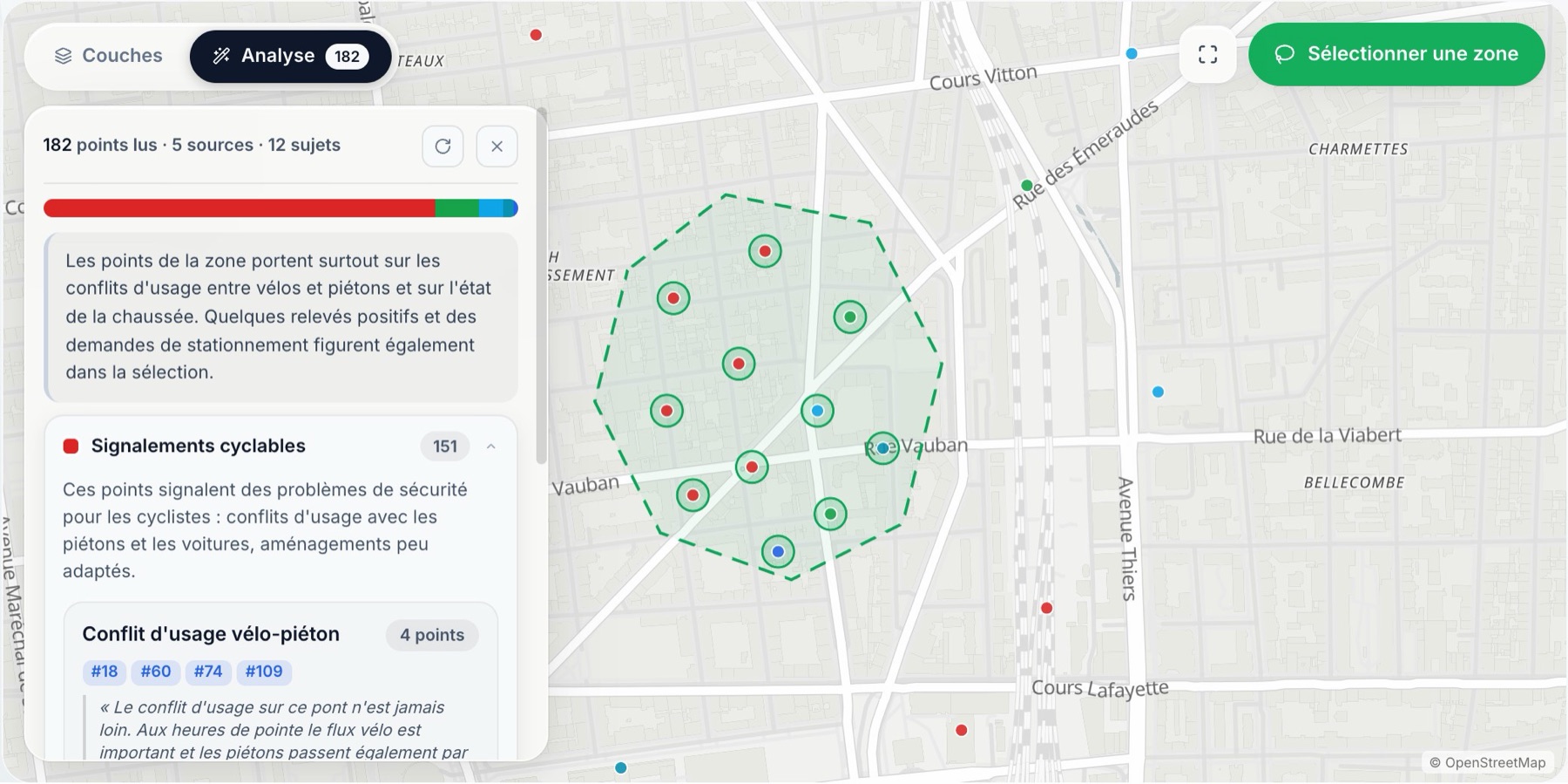 Une zone entourée à main levée sur la carte, et la synthèse qui en sort : 182 points lus, 5 sources, 12 sujets, chaque sujet cité.