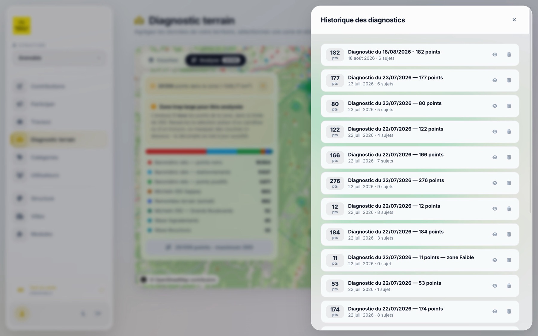 L'historique des diagnostics : chaque analyse avec sa date, son nombre de points et ses sujets.