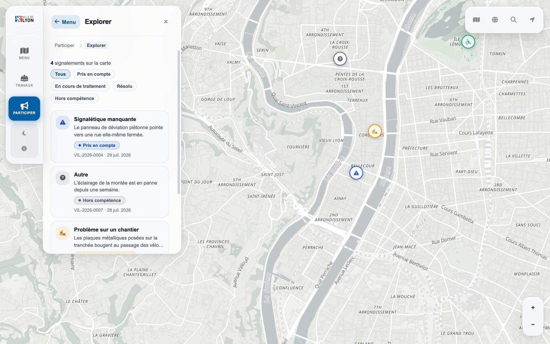 La liste des signalements publiés avec leur statut, et leurs points sur la carte.