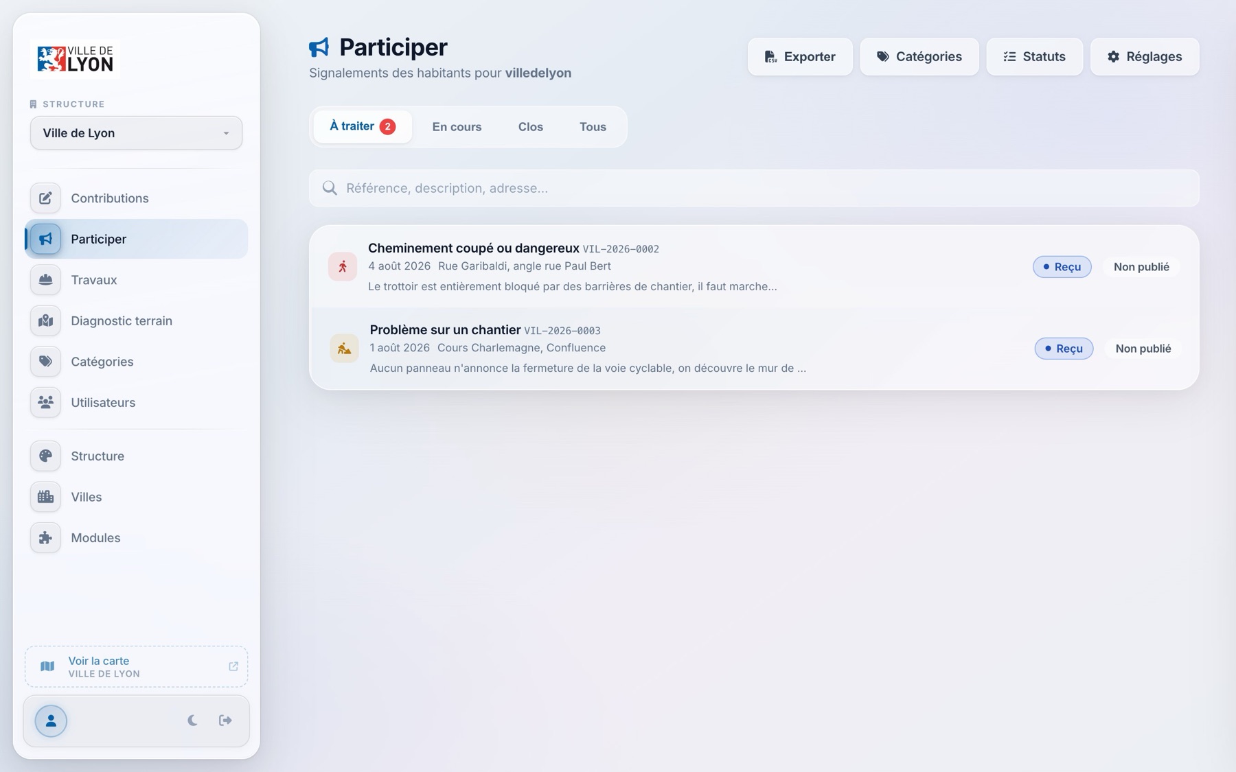 La file de traitement des signalements dans l'administration, avec ses quatre onglets.