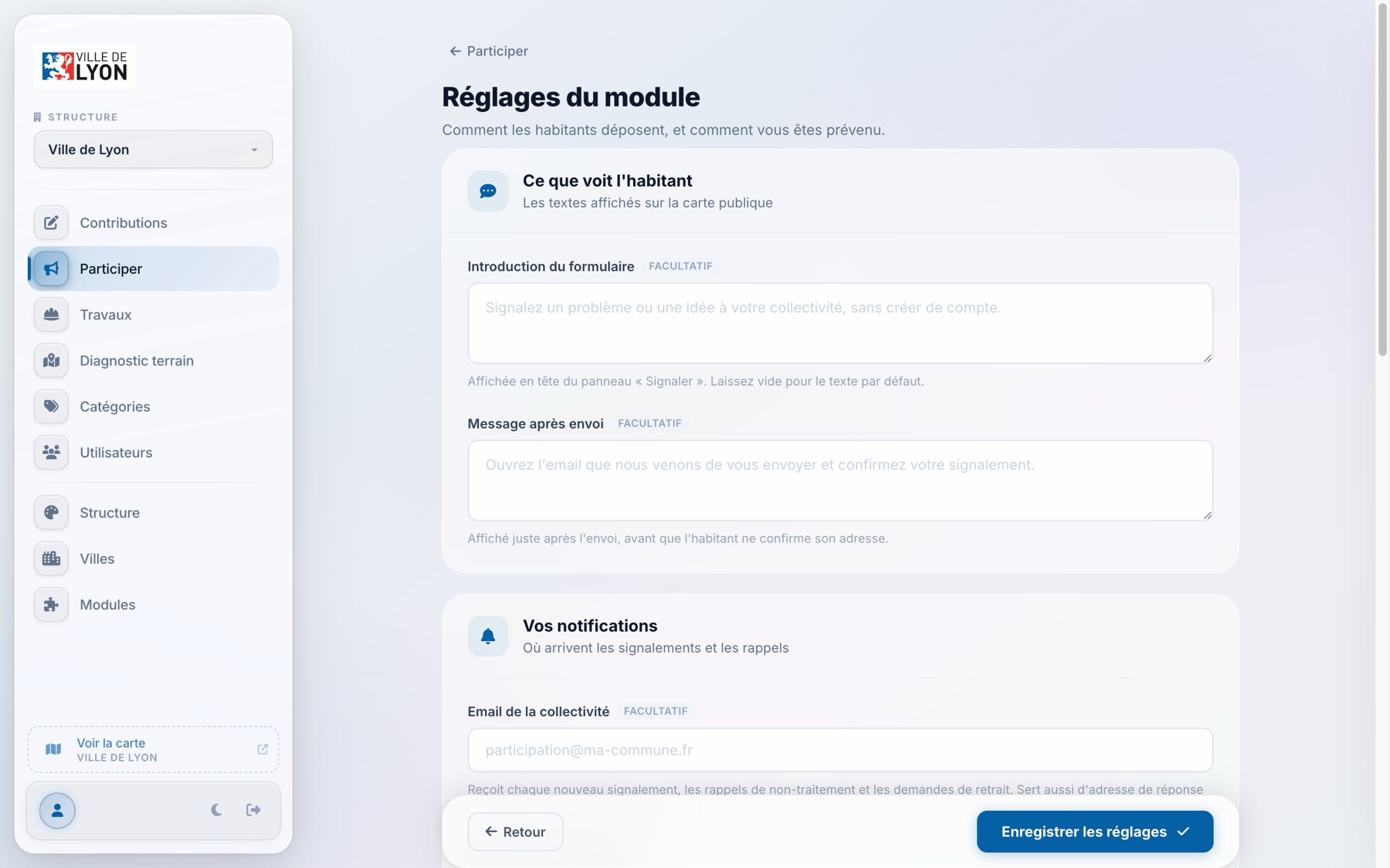 Les réglages du module : les textes vus par l'habitant et l'adresse qui reçoit les notifications.