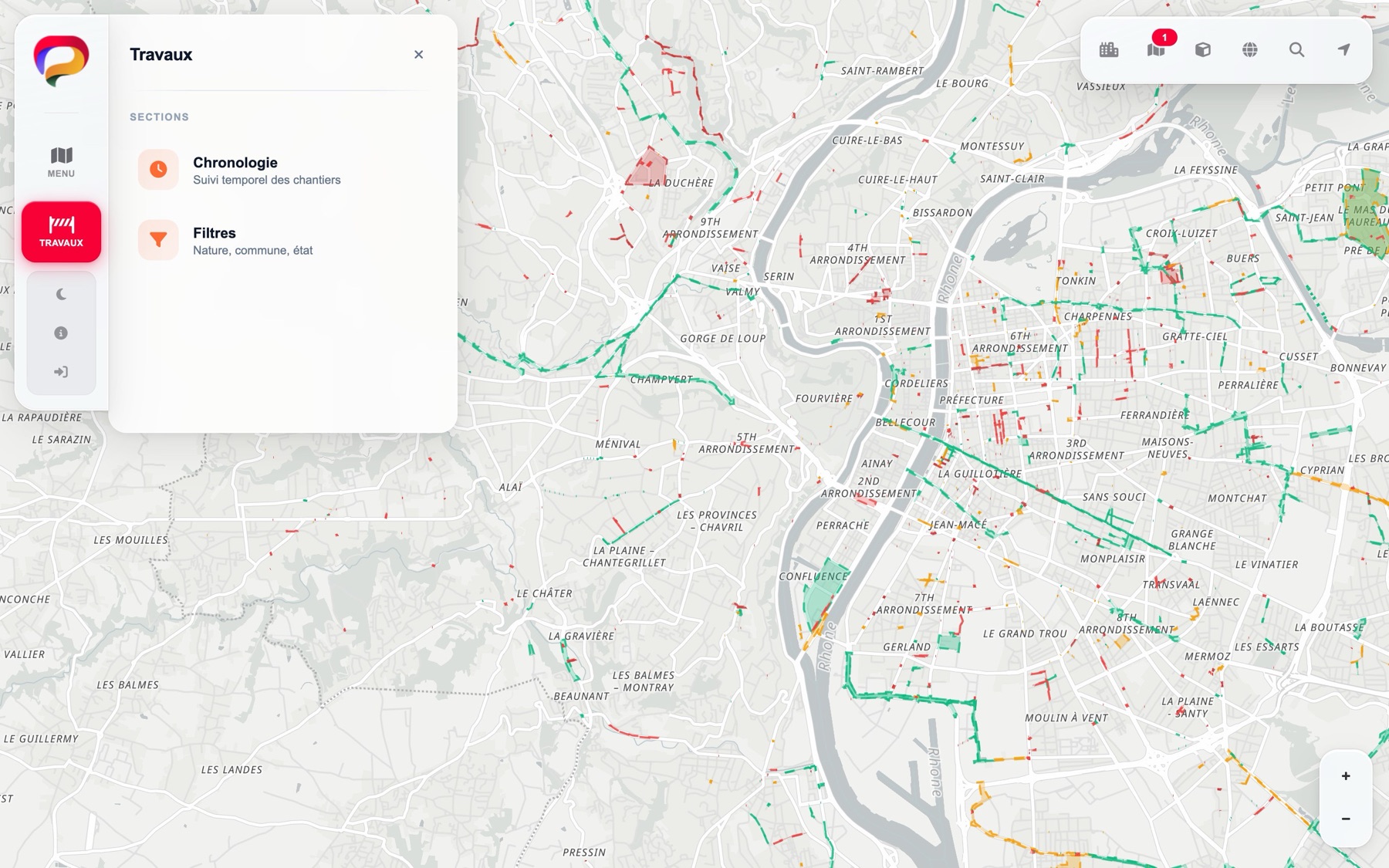 Les chantiers d'une métropole entière sur une seule carte, chaque emprise colorée selon son avancement.