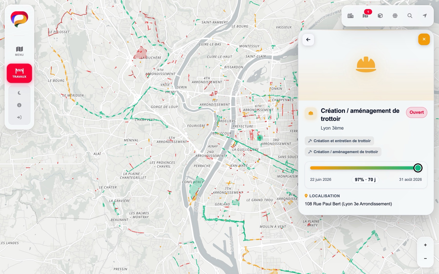La fiche d'un chantier ouverte sur la carte : sa nature, son état, sa période et son adresse.
