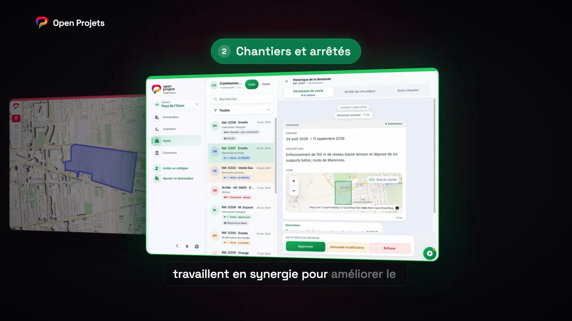 Présentation d'Open Projets en suivant un projet du jour où la collectivité l'annonce jusqu'au moment de décider du suivant : la carte publique, les chantiers et arrêtés, les travaux du quotidien, le signalement des habitants et le diagnostic terrain.